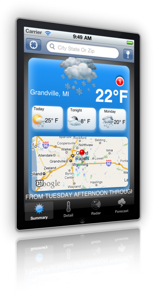 FastCast showing current conditions for Grandville, MI, forecasts for today, tonight, and Monday, and a radar map