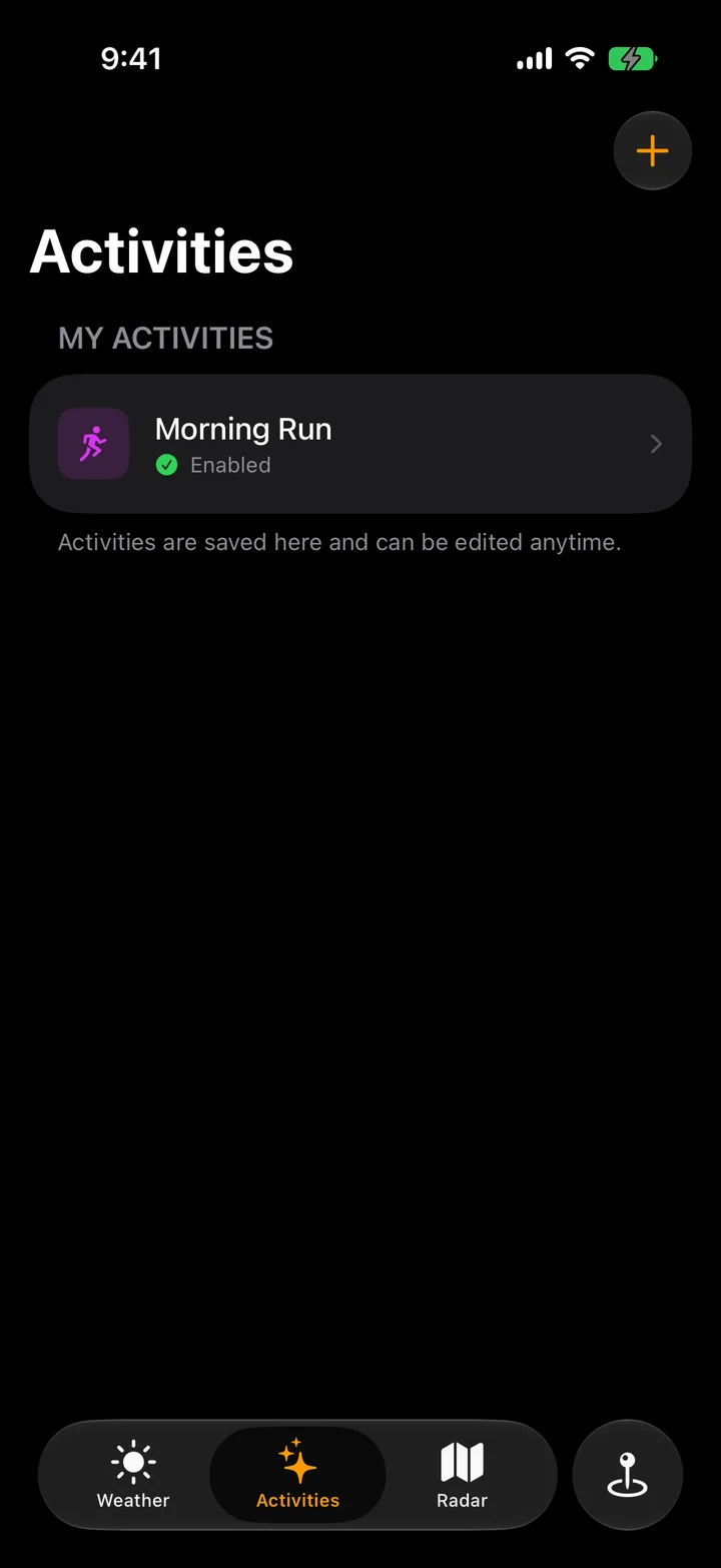 Klimate Activities screen with an enabled Morning Run activity and an add button.
