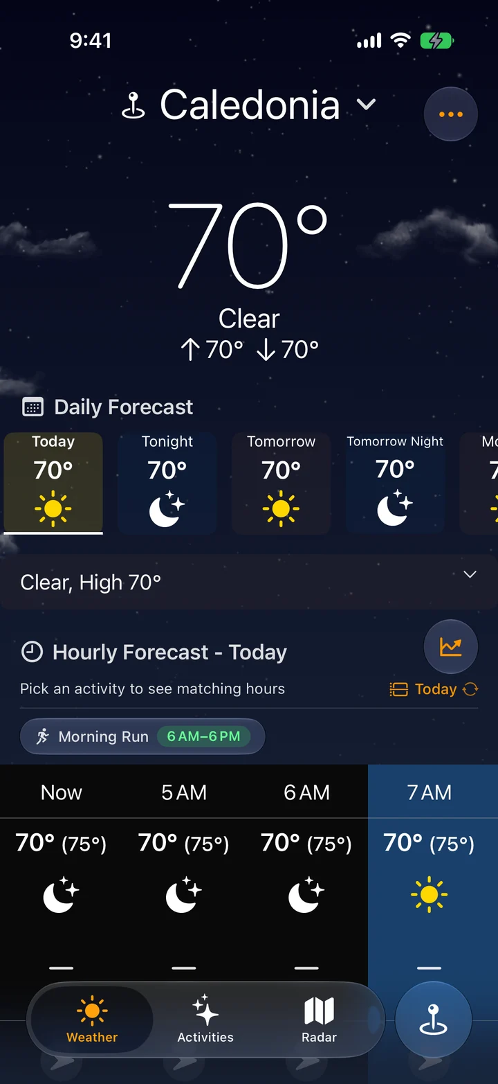 Klimate weather screen showing current conditions and hourly and daily forecasts for Caledonia.