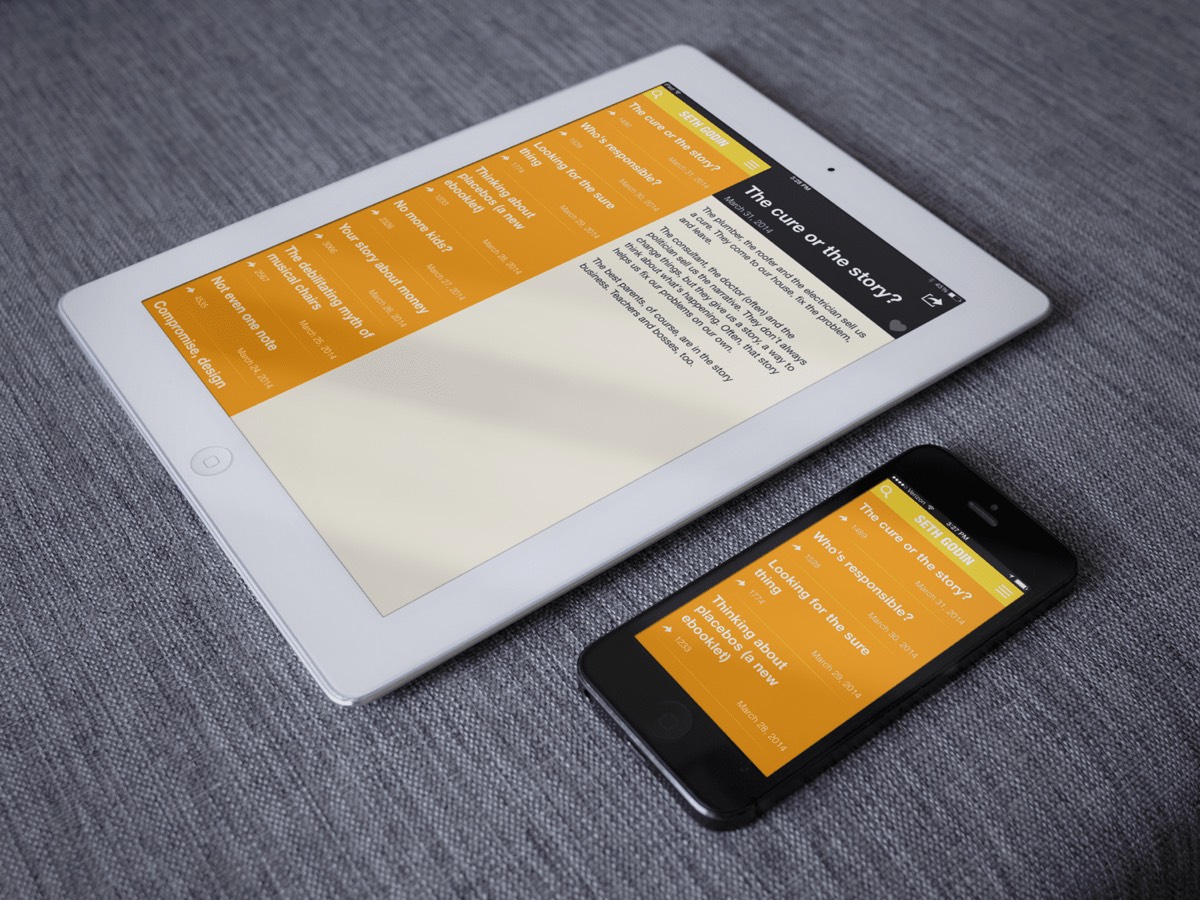 The Seth Godin app on an iPad, with the post list beside an open post, and on an iPhone showing the post list