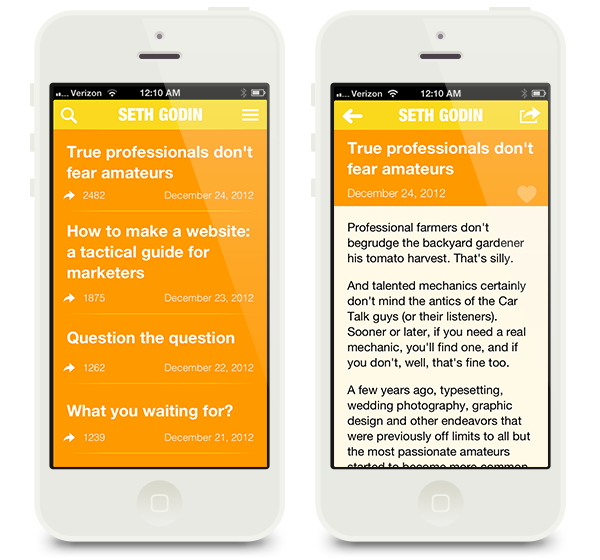 Two iPhones showing the Seth Godin app: a list of recent posts and a post open for reading