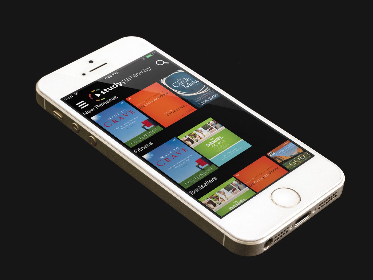 StudyGateway's home screen on an iPhone, with rows of study series under New Releases, Fitness, and Bestsellers