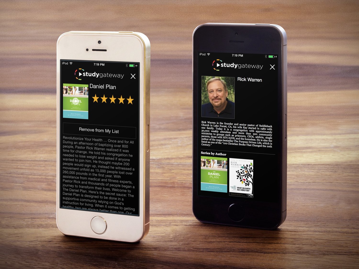 Two iPhones showing The Daniel Plan series page and Rick Warren's author page