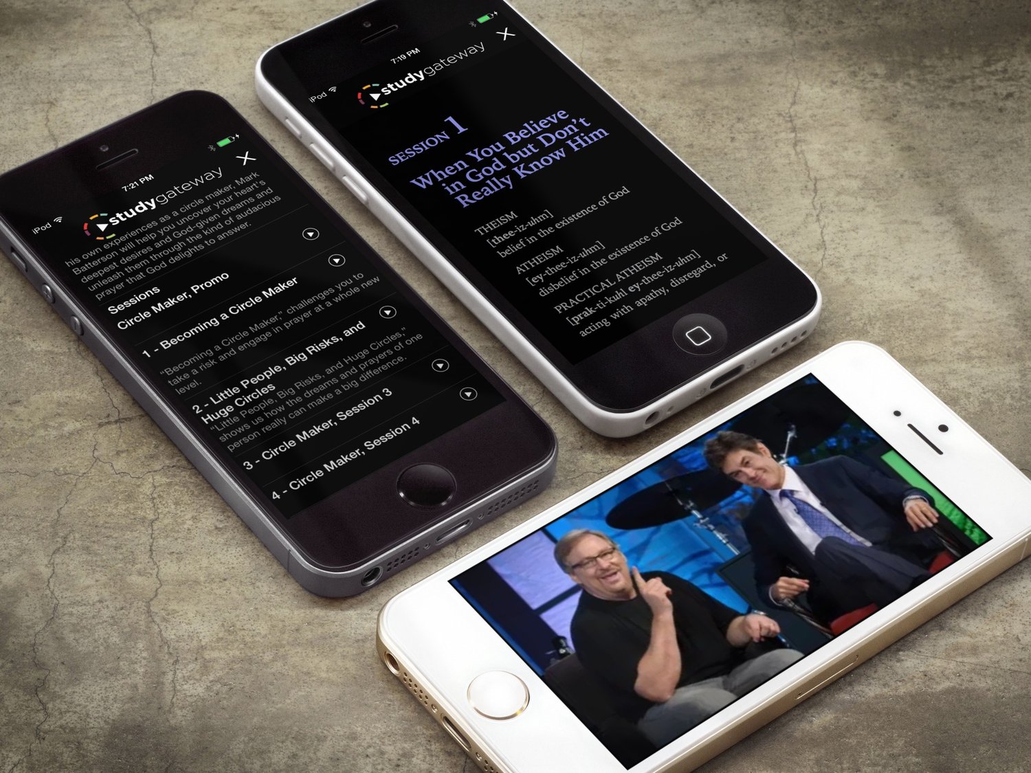 Three iPhones showing a series' session list, the Session 1 study guide, and a session video playing in landscape